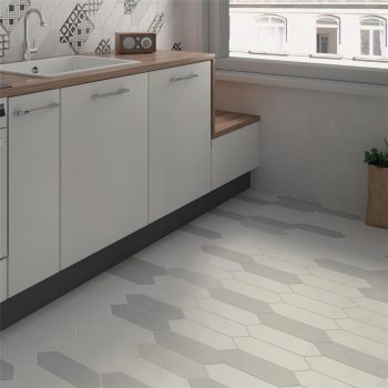 Dark Grey Light Grey and White Kite 4x12 picket porcelain floor and wall tile Install 1