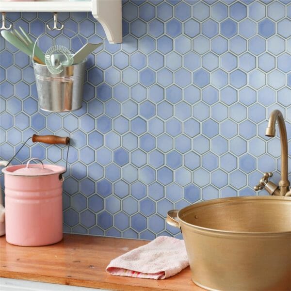 Hudson Due Hex 2 inch Porcelain Mosaic Frost Blue Install