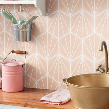 pink starburst Palm Hexagon 6x7 porcelain floor and wall tile install
